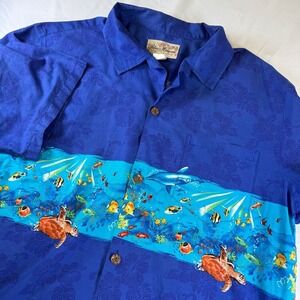Vintage Blue Hawaii Hawaiian Shirt Wrap Around Ocean Scene Men's XL Made in USA